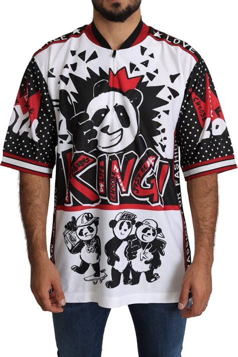 Dolce & Gabbana Chic White King Panda Print Zipper Collar Tee